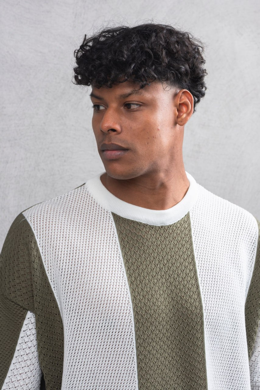 Oversize Textured Panel Cotton Tee – Vertical Striped Design Withinblack