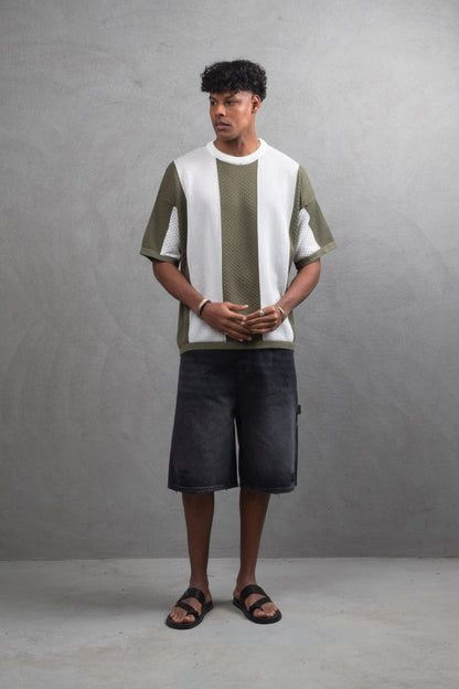 Oversize Textured Panel Cotton Tee – Vertical Striped Design Withinblack