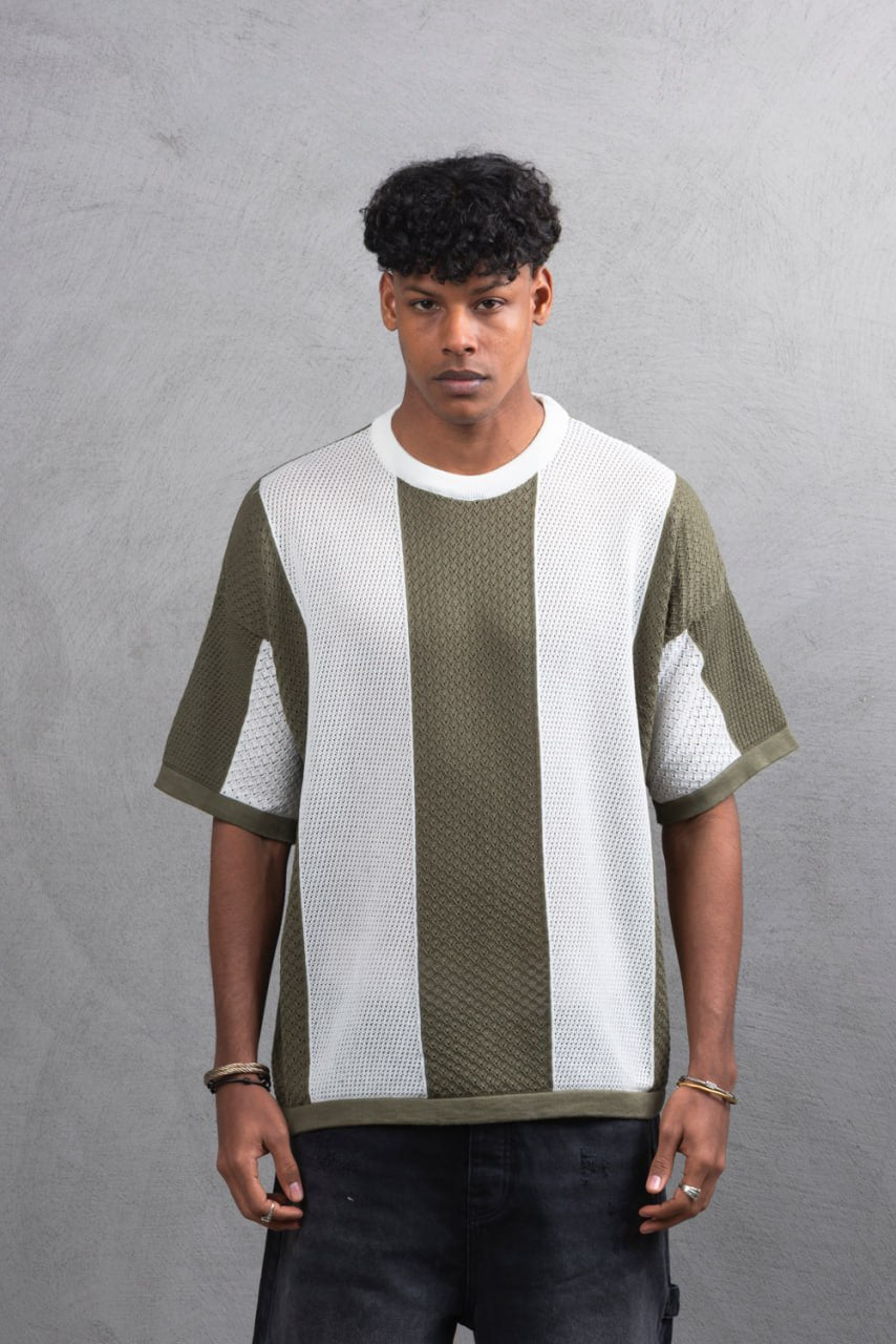 Oversize Textured Panel Cotton Tee – Vertical Striped Design Withinblack