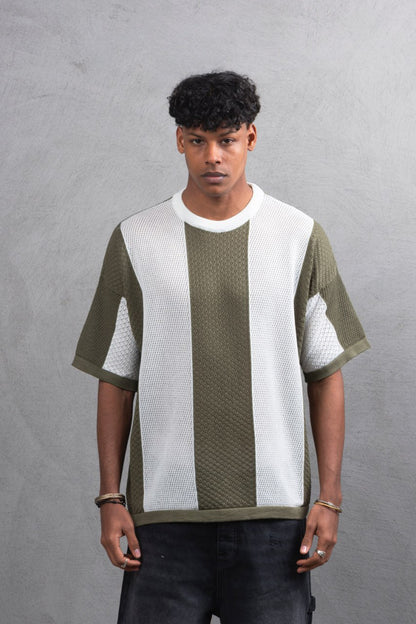 Oversize Textured Panel Cotton Tee – Vertical Striped Design Withinblack