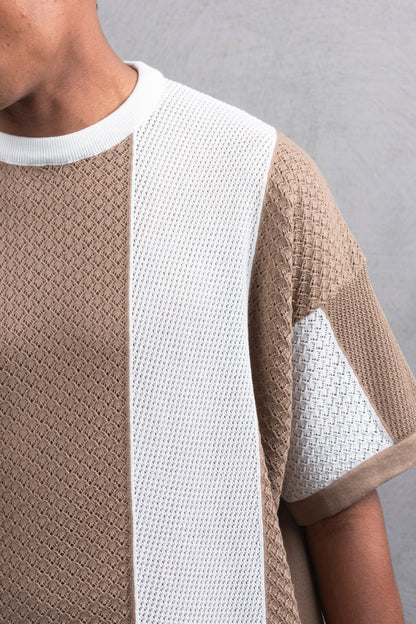 Oversize Textured Panel Cotton Tee – Vertical Striped Design Withinblack