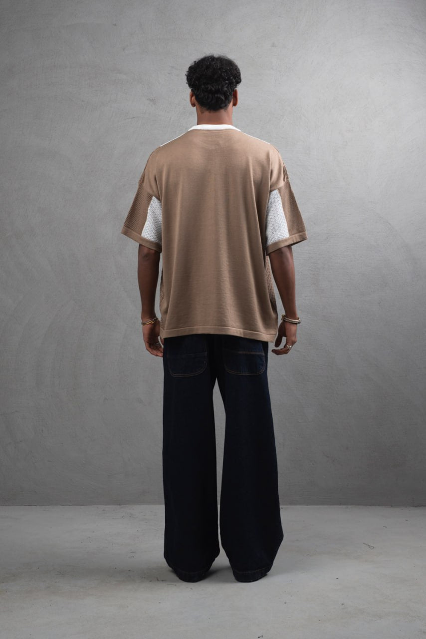 Oversize Textured Panel Cotton Tee – Vertical Striped Design Withinblack