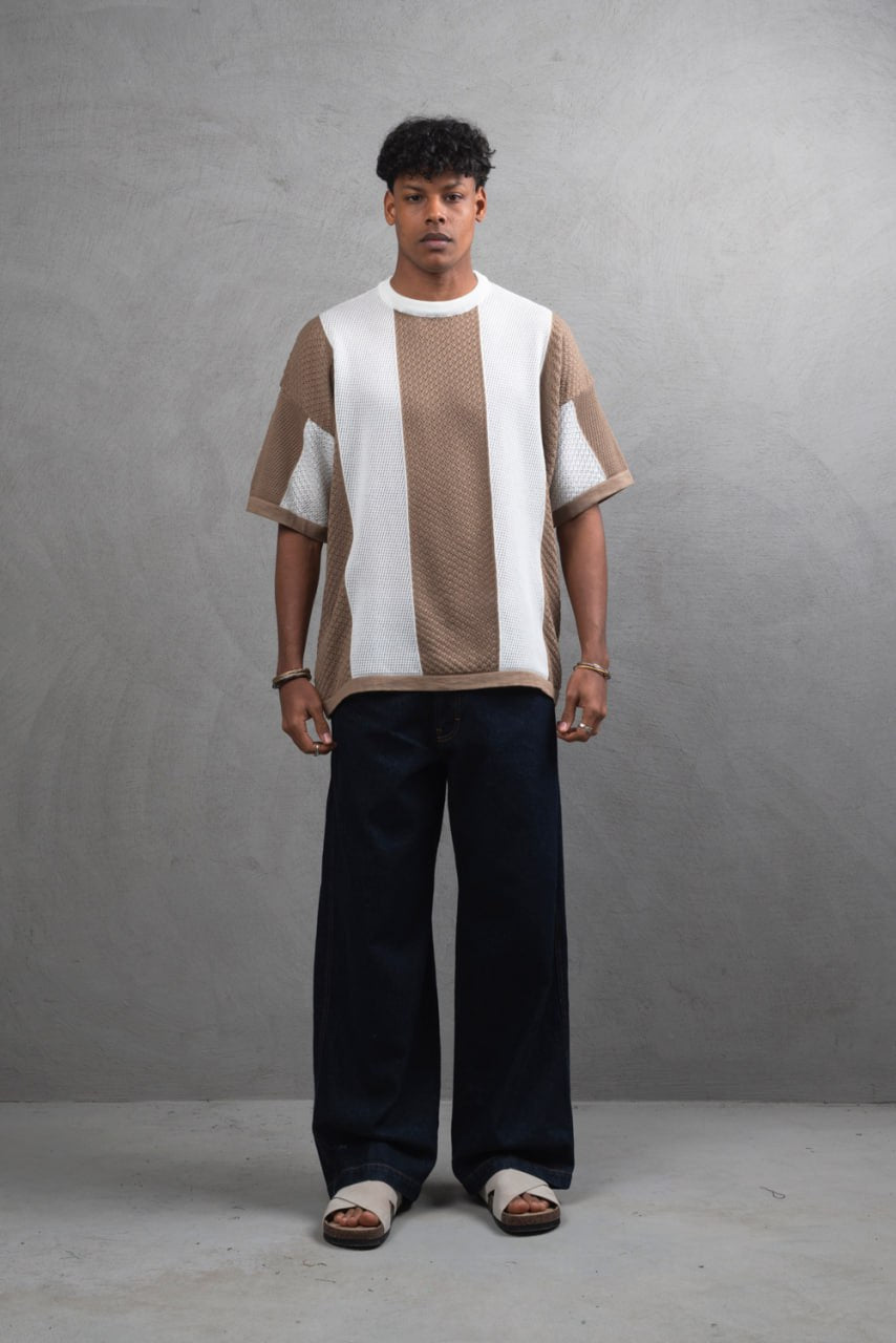 Oversize Textured Panel Cotton Tee – Vertical Striped Design Withinblack