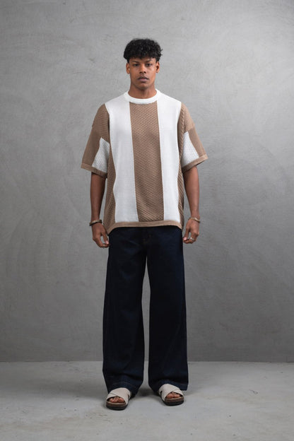 Oversize Textured Panel Cotton Tee – Vertical Striped Design Withinblack