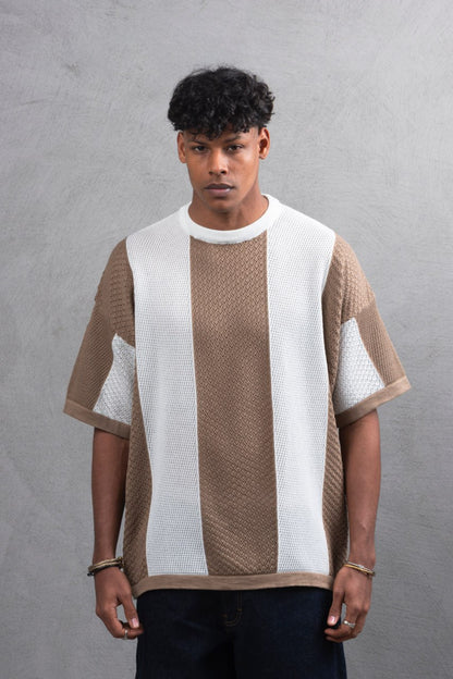 Oversize Textured Panel Cotton Tee – Vertical Striped Design Withinblack