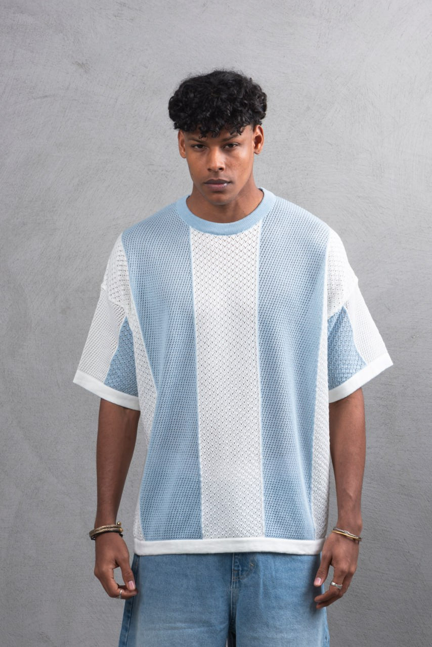 Oversize Textured Panel Cotton Tee – Vertical Striped Design Withinblack