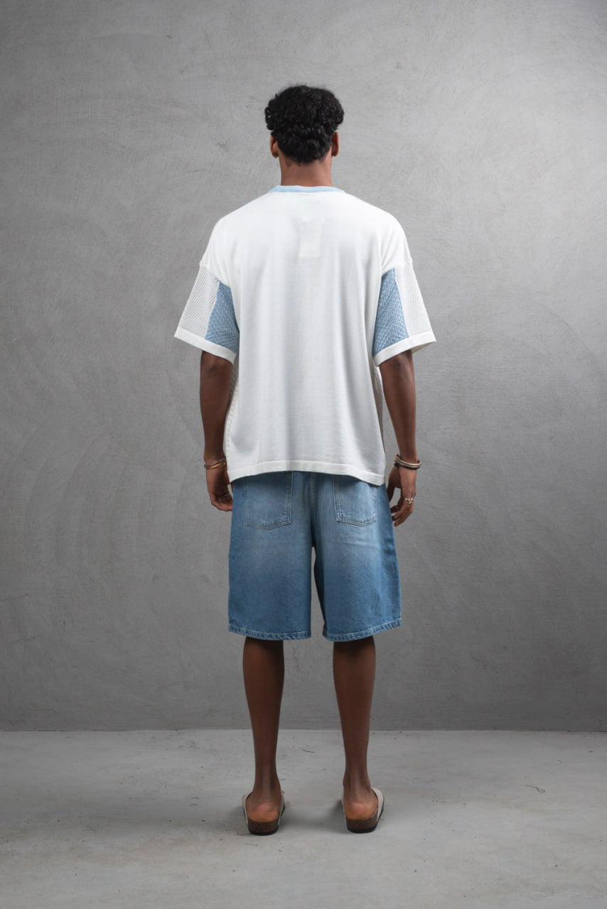 Oversize Textured Panel Cotton Tee – Vertical Striped Design Withinblack