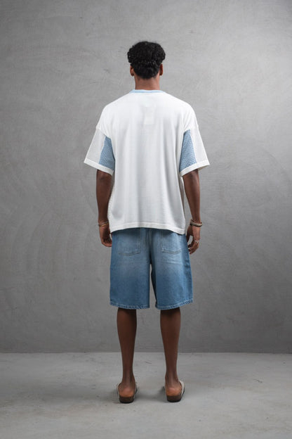 Oversize Textured Panel Cotton Tee – Vertical Striped Design Withinblack