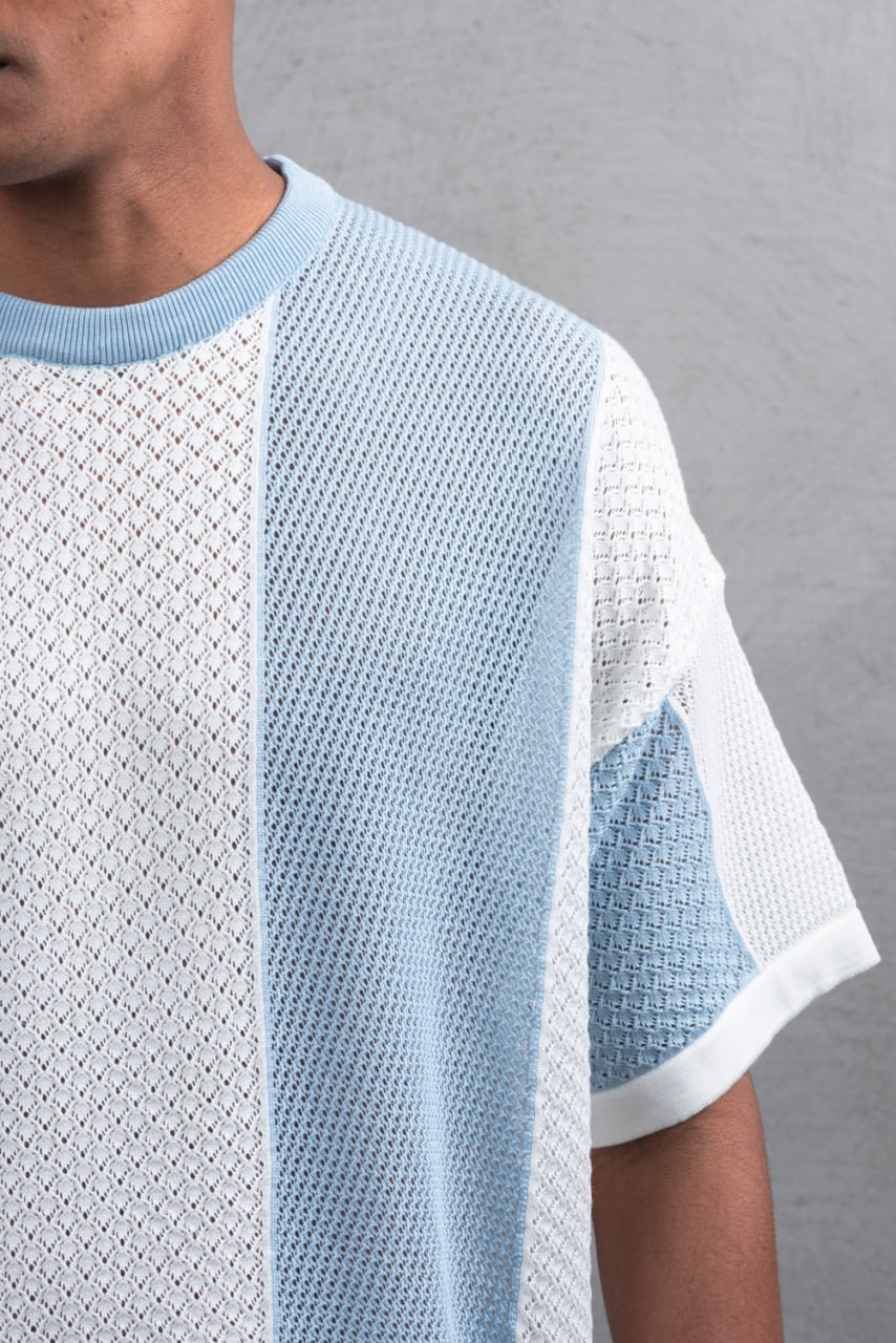 Oversize Textured Panel Cotton Tee – Vertical Striped Design Withinblack