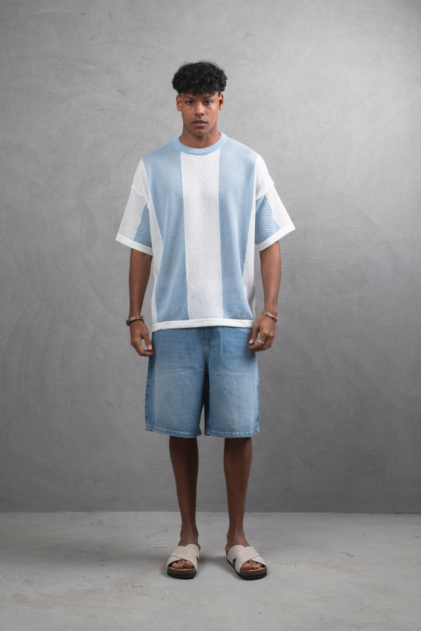 Oversize Textured Panel Cotton Tee – Vertical Striped Design Withinblack