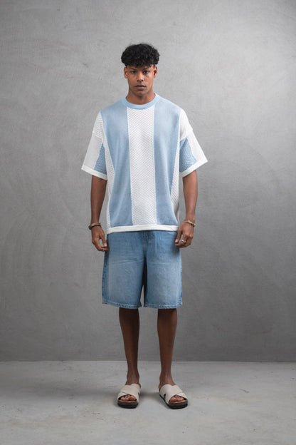 Oversize Textured Panel Cotton Tee – Vertical Striped Design Withinblack