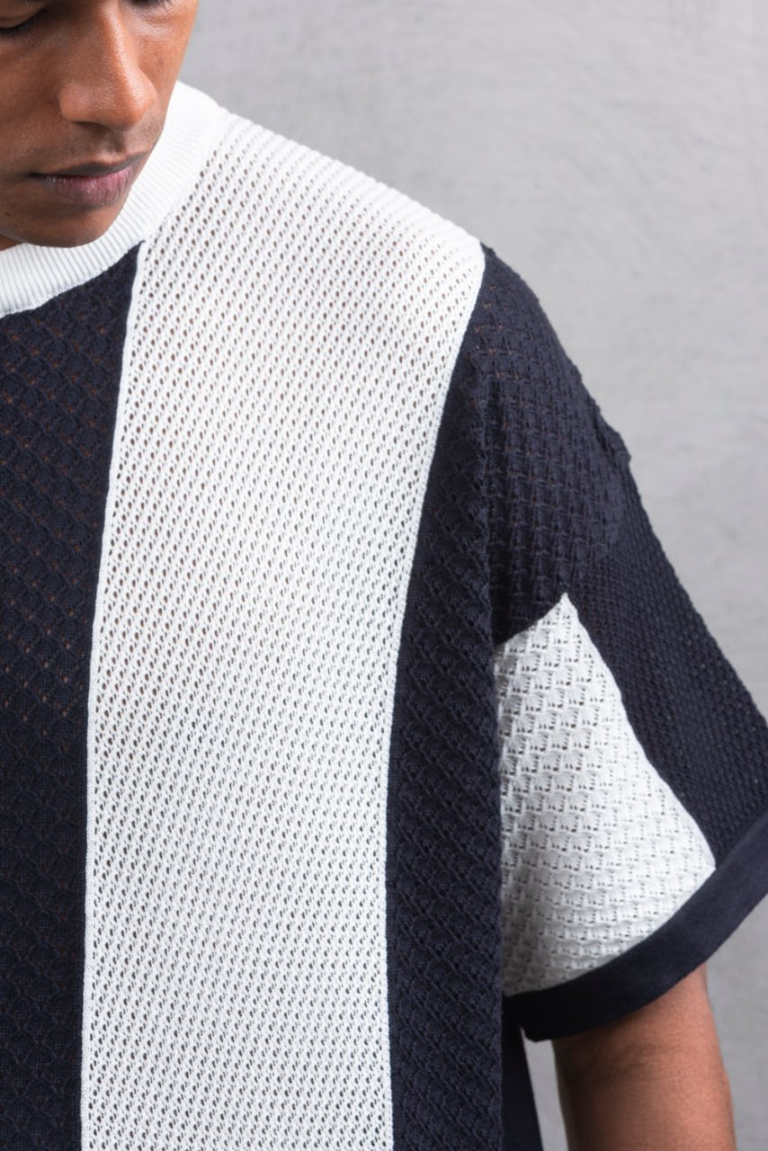 Oversize Textured Panel Cotton Tee – Vertical Striped Design Withinblack