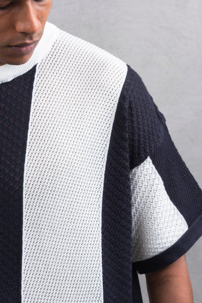 Oversize Textured Panel Cotton Tee – Vertical Striped Design Withinblack
