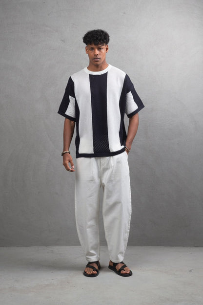 Oversize Textured Panel Cotton Tee – Vertical Striped Design Withinblack