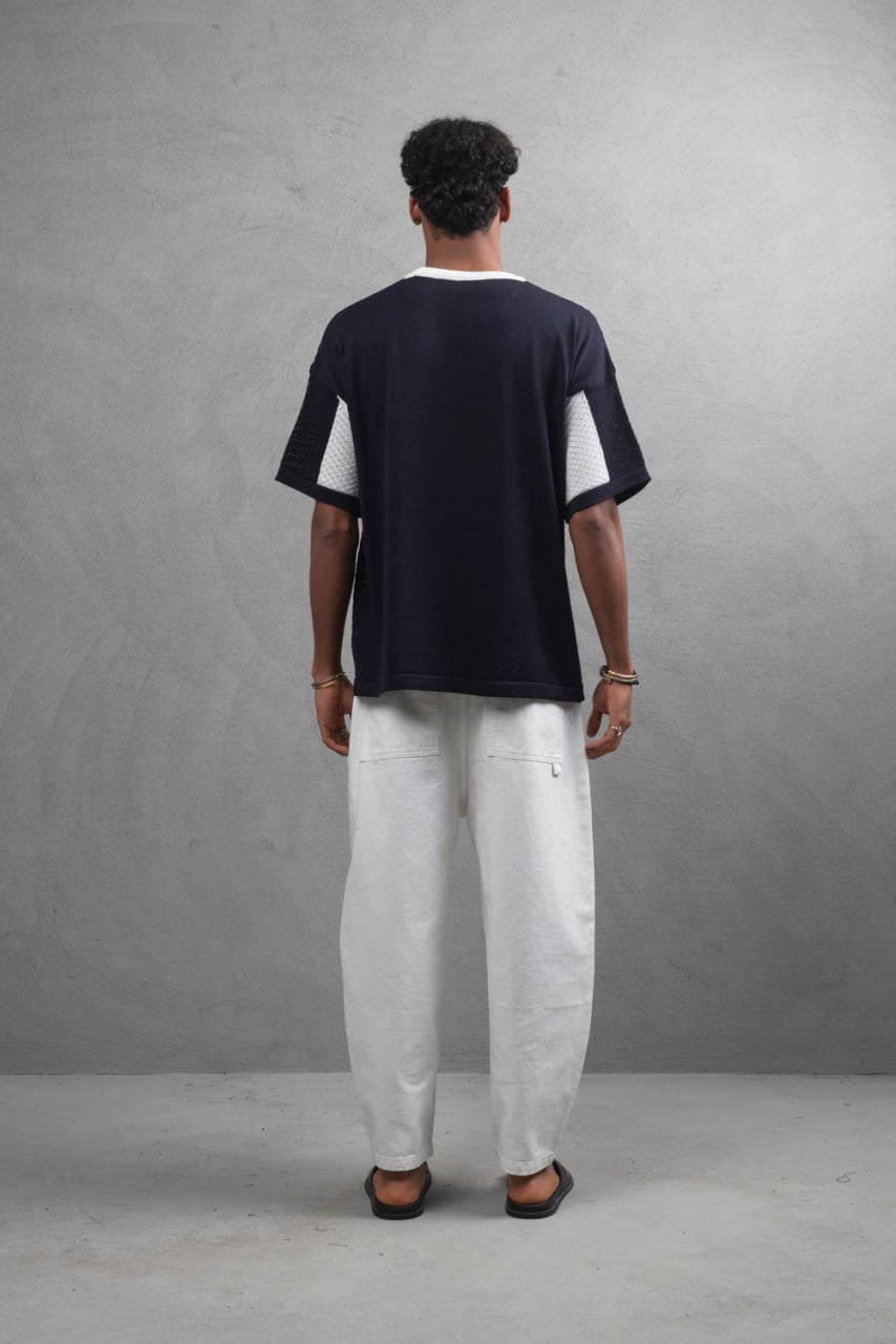 Oversize Textured Panel Cotton Tee – Vertical Striped Design Withinblack