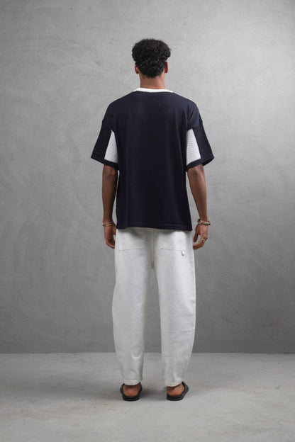Oversize Textured Panel Cotton Tee – Vertical Striped Design Withinblack