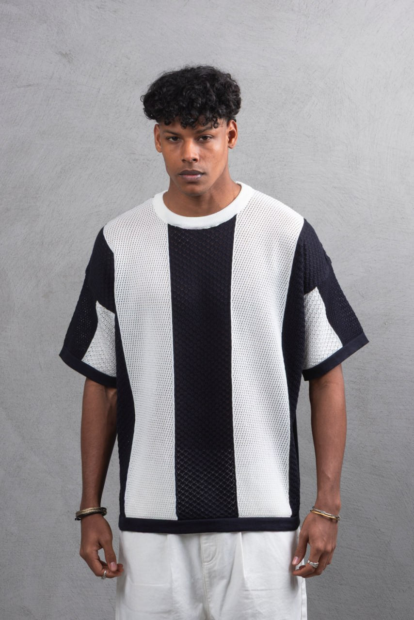 Oversize Textured Panel Cotton Tee – Vertical Striped Design Withinblack