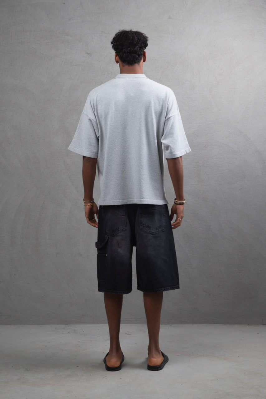 Oversize Textured Cotton Polo Tee – 3-Button Collar Relaxed Fit Shirt Withinblack