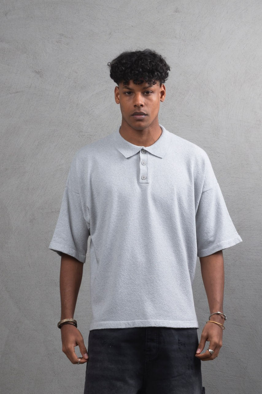 Oversize Textured Cotton Polo Tee – 3-Button Collar Relaxed Fit Shirt Withinblack