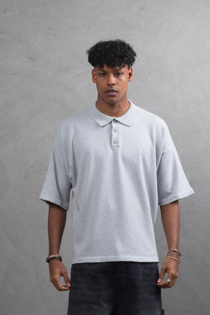 Oversize Textured Cotton Polo Tee – 3-Button Collar Relaxed Fit Shirt Withinblack