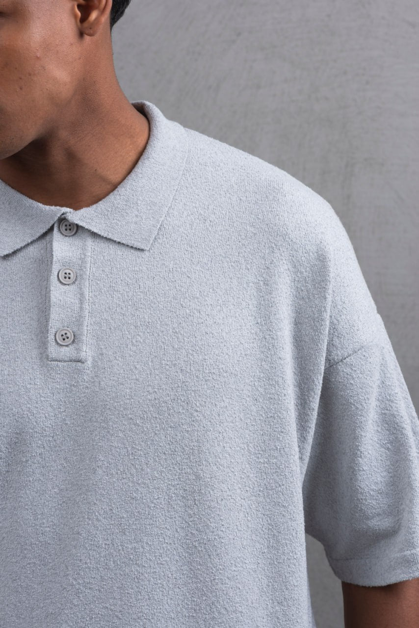 Oversize Textured Cotton Polo Tee – 3-Button Collar Relaxed Fit Shirt Withinblack