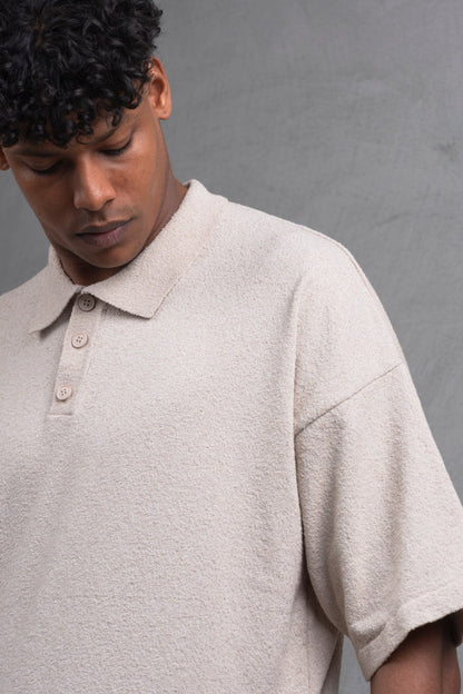 Oversize Textured Cotton Polo Tee – 3-Button Collar Relaxed Fit Shirt Withinblack