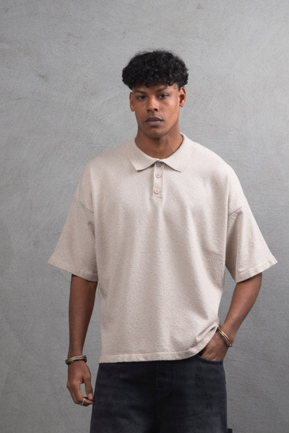 Oversize Textured Cotton Polo Tee – 3-Button Collar Relaxed Fit Shirt Withinblack