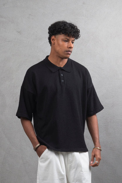 Oversize Textured Cotton Polo Tee – 3-Button Collar Relaxed Fit Shirt Withinblack