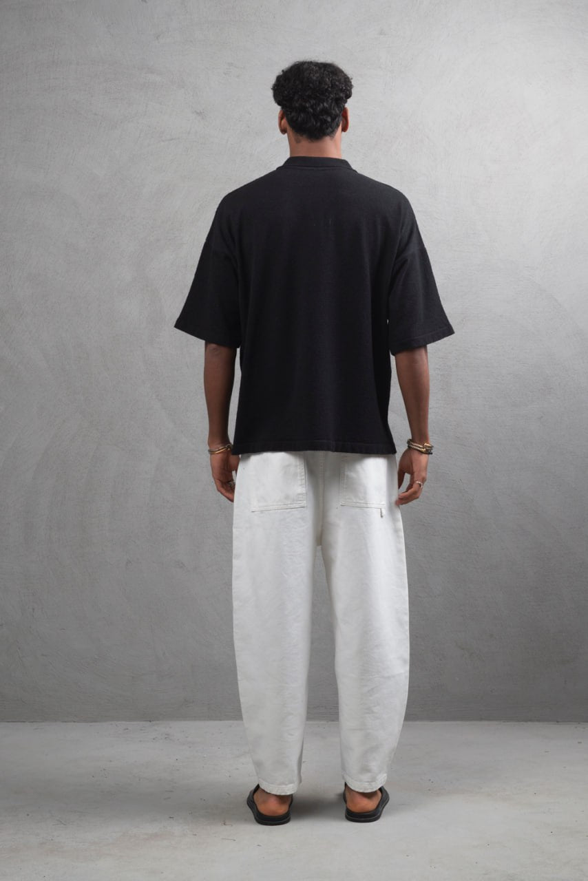 Oversize Textured Cotton Polo Tee – 3-Button Collar Relaxed Fit Shirt Withinblack