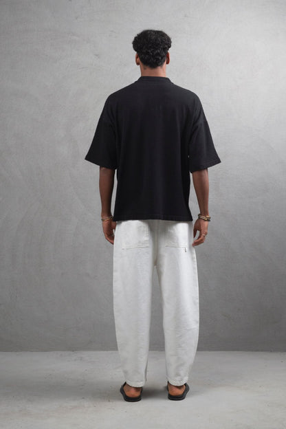 Oversize Textured Cotton Polo Tee – 3-Button Collar Relaxed Fit Shirt Withinblack