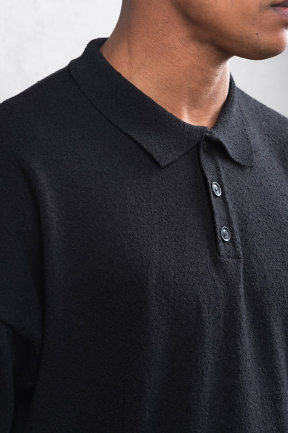 Oversize Textured Cotton Polo Tee – 3-Button Collar Relaxed Fit Shirt Withinblack