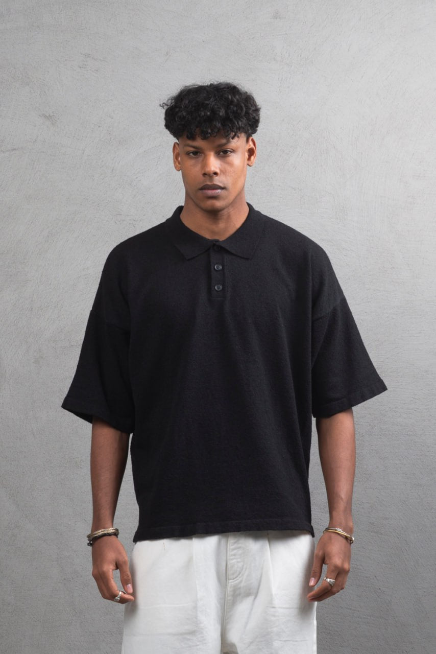 Oversize Textured Cotton Polo Tee – 3-Button Collar Relaxed Fit Shirt Withinblack