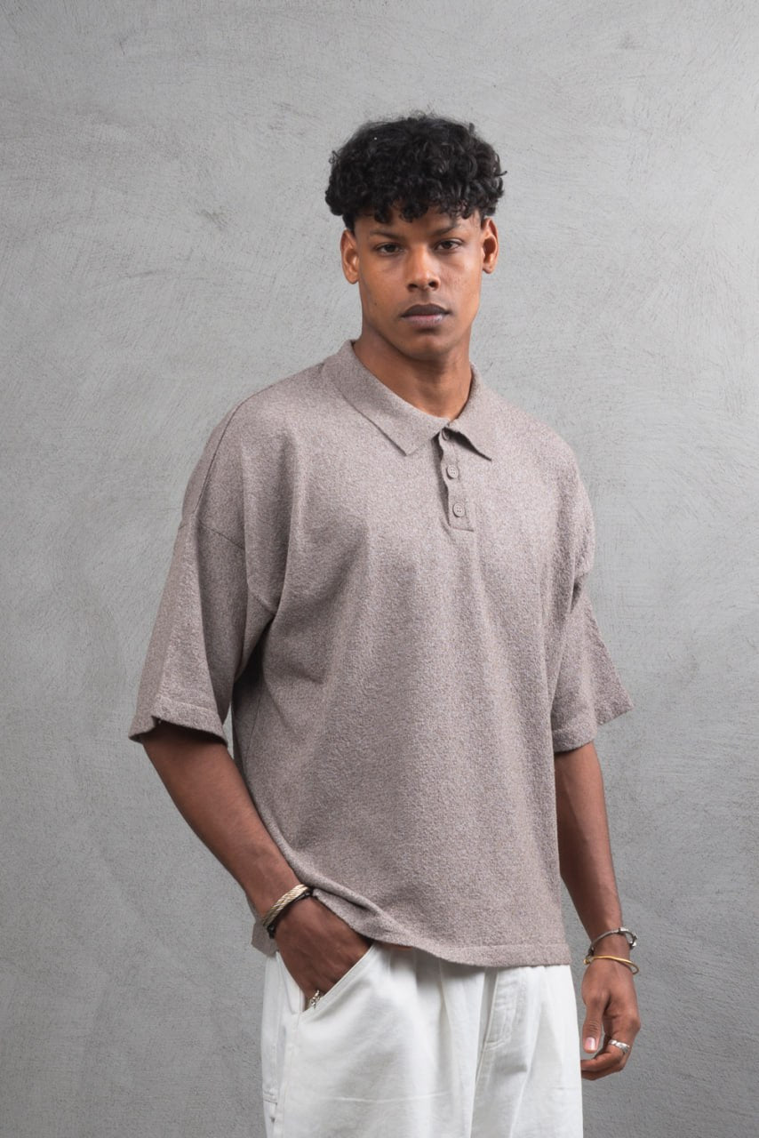 Oversize Textured Cotton Polo Tee – 3-Button Collar Relaxed Fit Shirt Withinblack