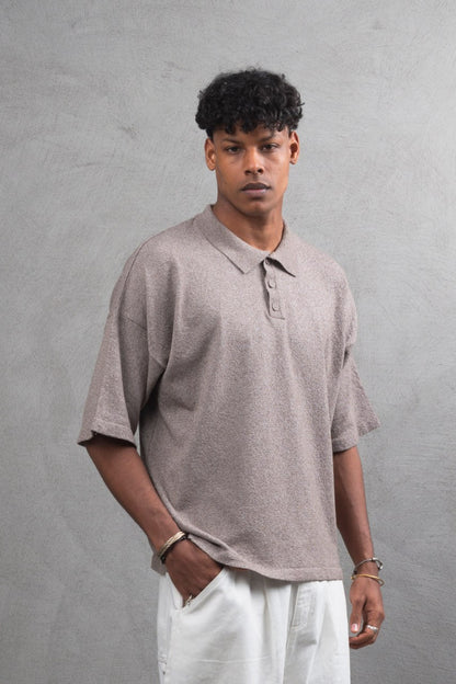 Oversize Textured Cotton Polo Tee – 3-Button Collar Relaxed Fit Shirt Withinblack