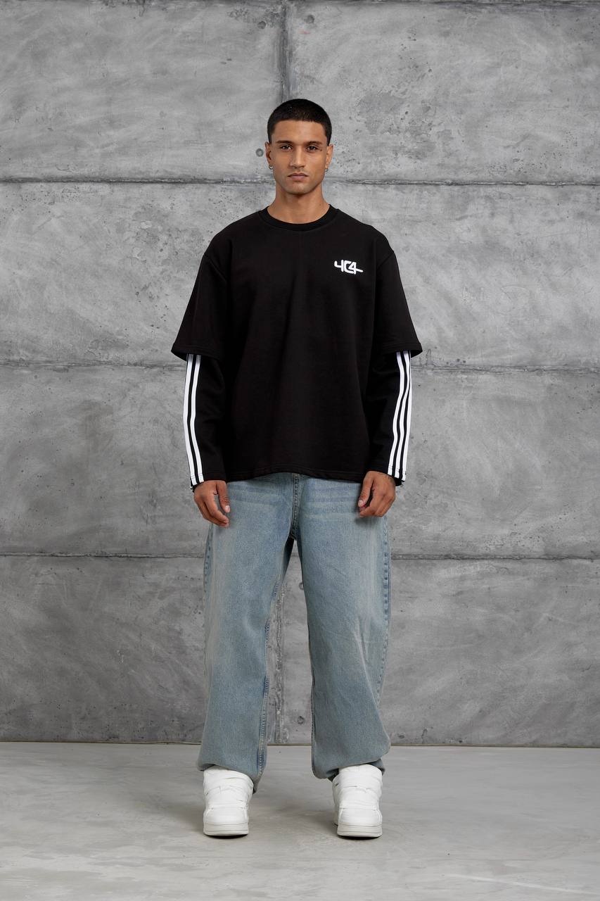 Oversized "404" Graphic T-Shirt – Layered Three-Stripe Long Sleeve Withinblack