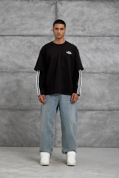 Oversized "404" Graphic T-Shirt – Layered Three-Stripe Long Sleeve Withinblack