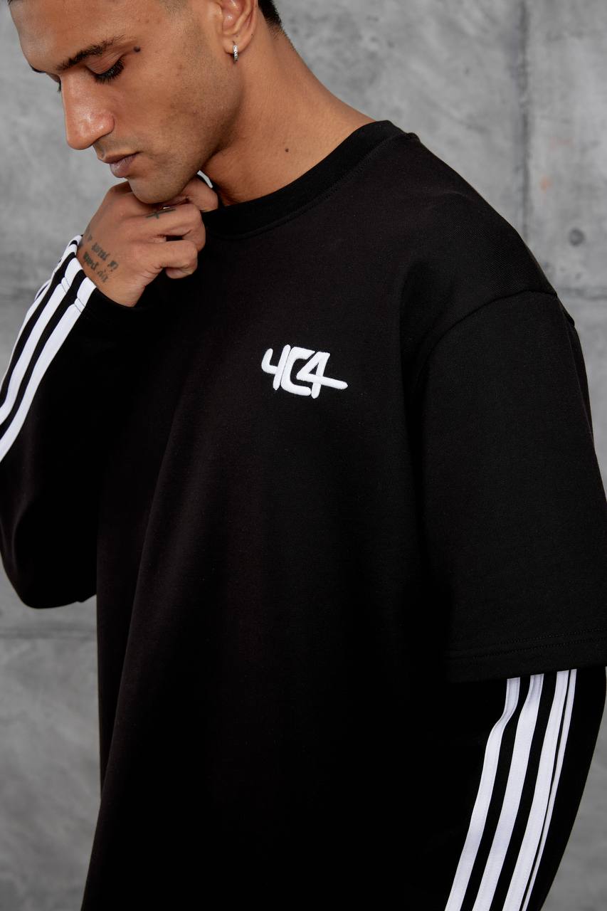 Oversized "404" Graphic T-Shirt – Layered Three-Stripe Long Sleeve Withinblack