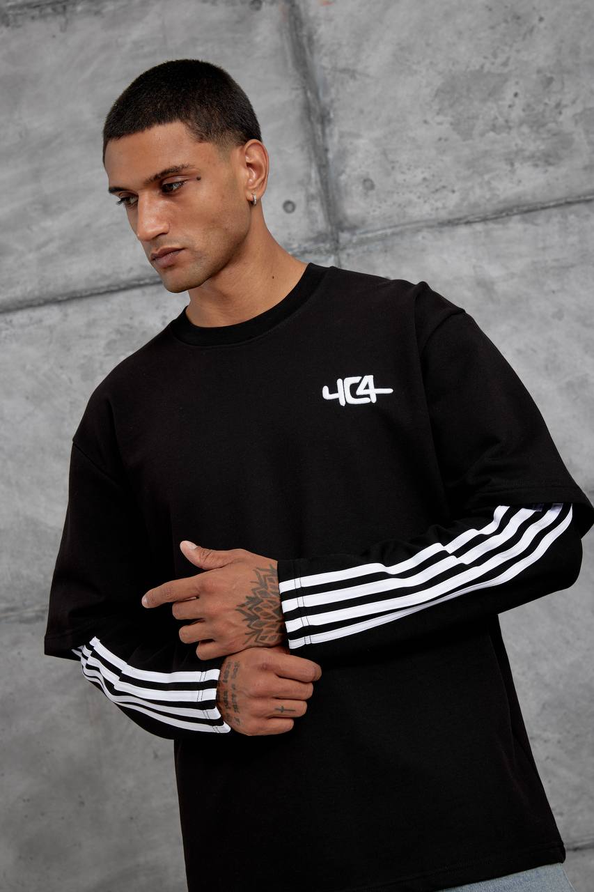 Oversized "404" Graphic T-Shirt – Layered Three-Stripe Long Sleeve Withinblack