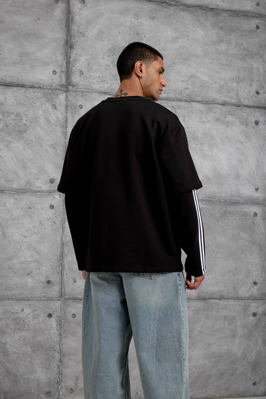 Oversized "404" Graphic T-Shirt – Layered Three-Stripe Long Sleeve Withinblack