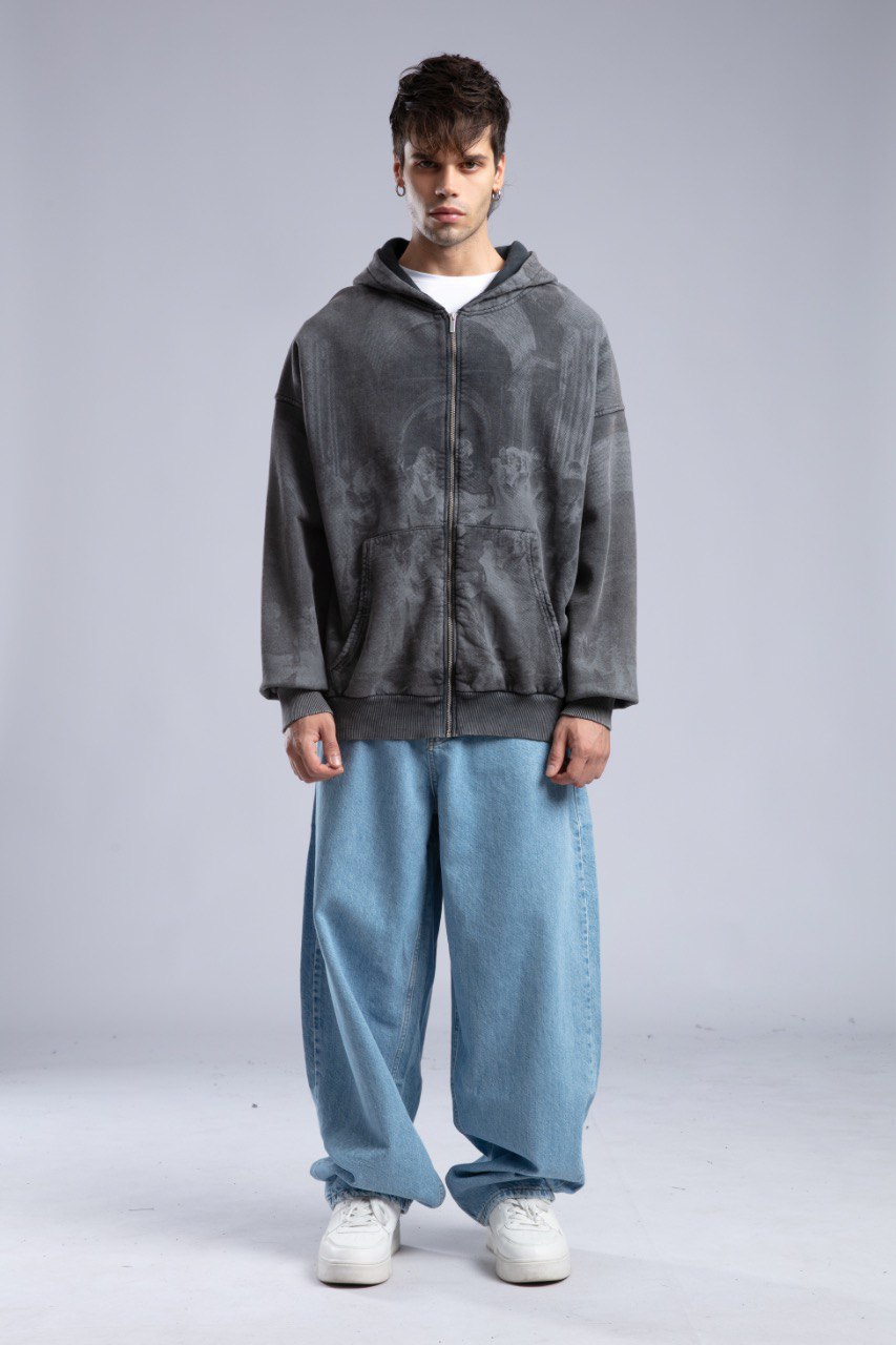 Oversized Art Print Zip-Up Hoodie - Vintage Washed Full-Zip Sweatshirt Withinblack