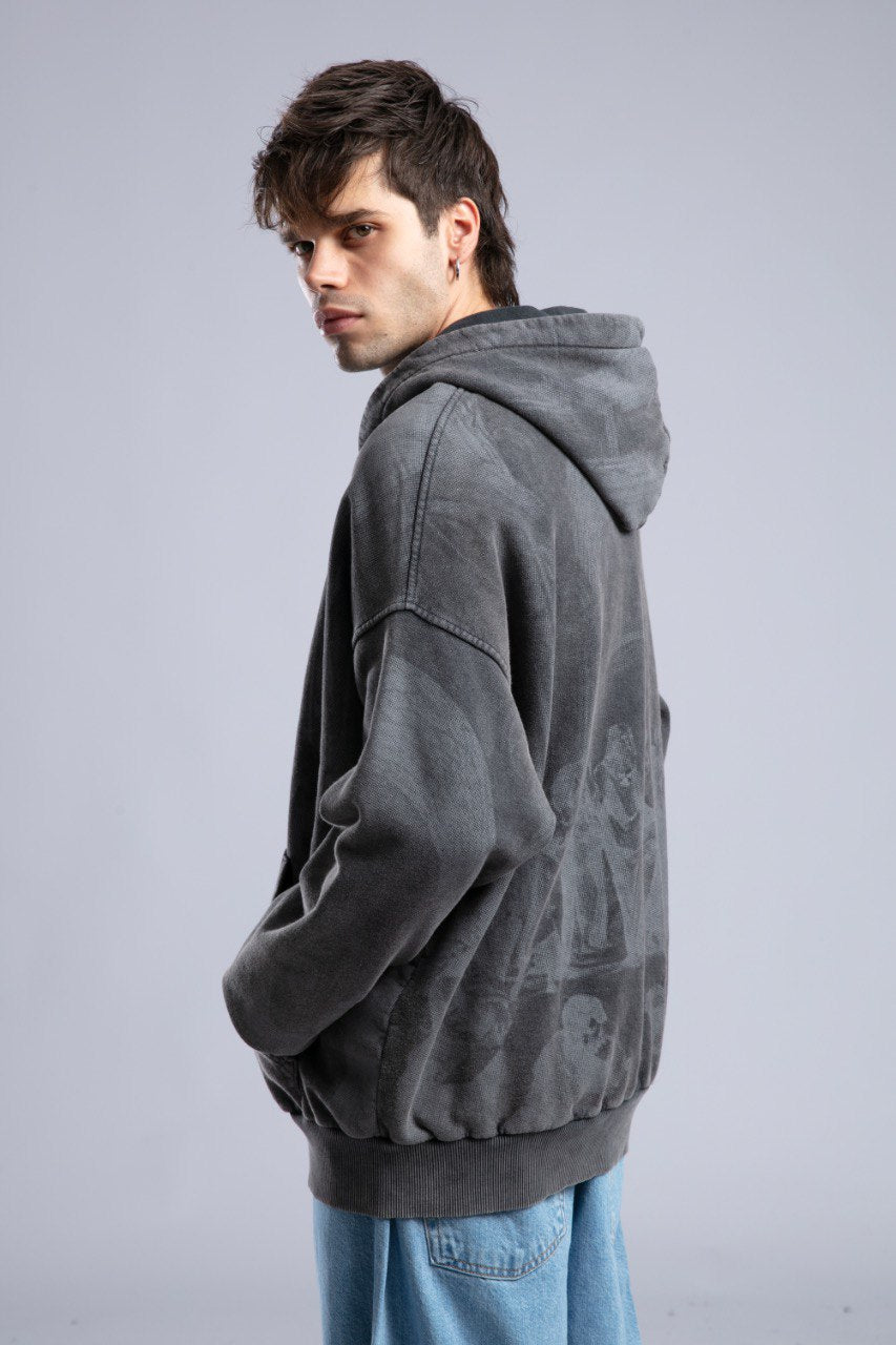 Oversized Art Print Zip-Up Hoodie - Vintage Washed Full-Zip Sweatshirt Withinblack