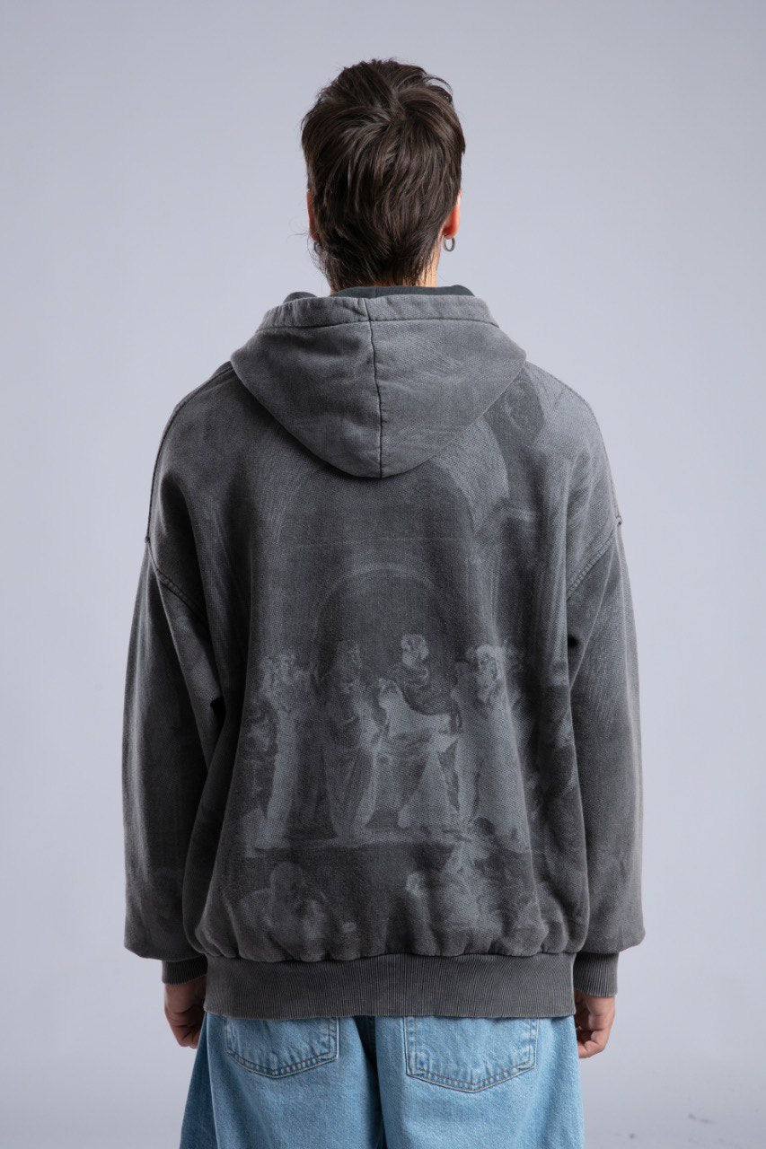 Oversized Art Print Zip-Up Hoodie - Vintage Washed Full-Zip Sweatshirt Withinblack