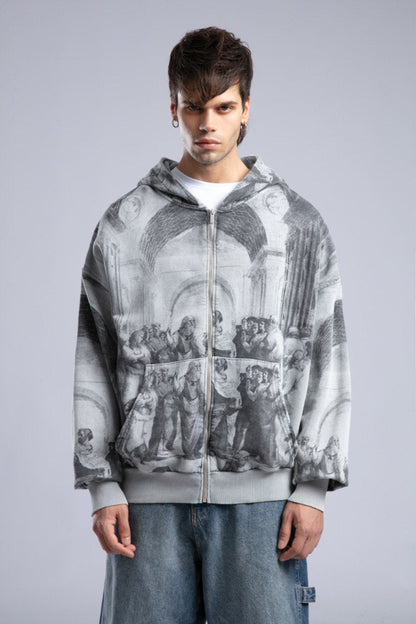 Oversized Art Print Zip-Up Hoodie - Vintage Washed Full-Zip Sweatshirt Withinblack