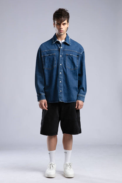 Oversized Distressed Denim Shirt - Unisex Button-Up Jacket Withinblack
