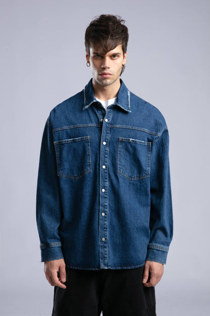 Oversized Distressed Denim Shirt - Unisex Button-Up Jacket Withinblack