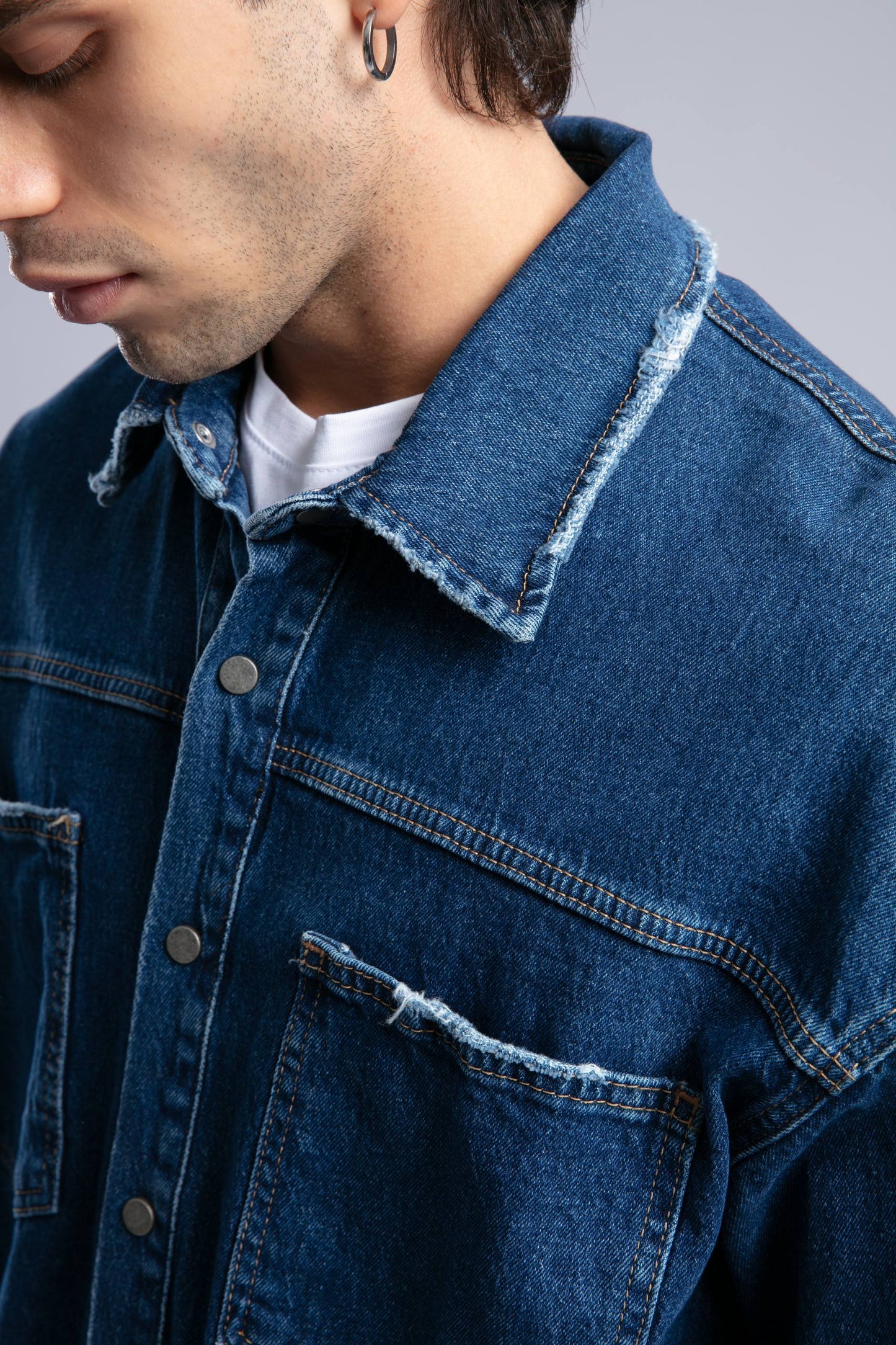 Oversized Distressed Denim Shirt - Unisex Button-Up Jacket Withinblack