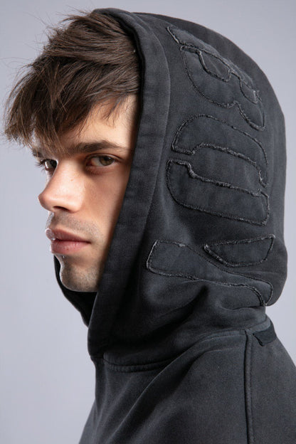 Oversized Distressed Hoodie with 'CATCH' Hood Graphic Withinblack