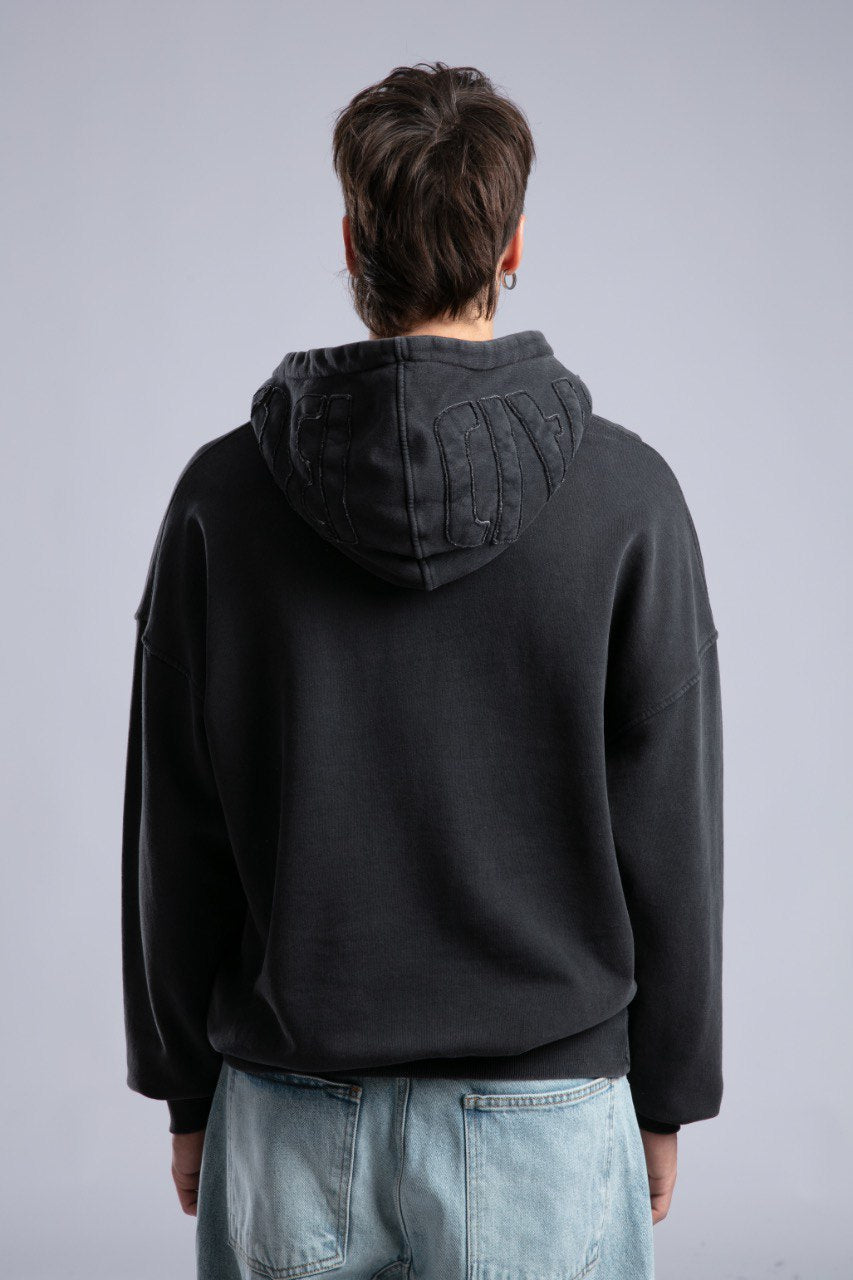 Oversized Distressed Hoodie with 'CATCH' Hood Graphic Withinblack