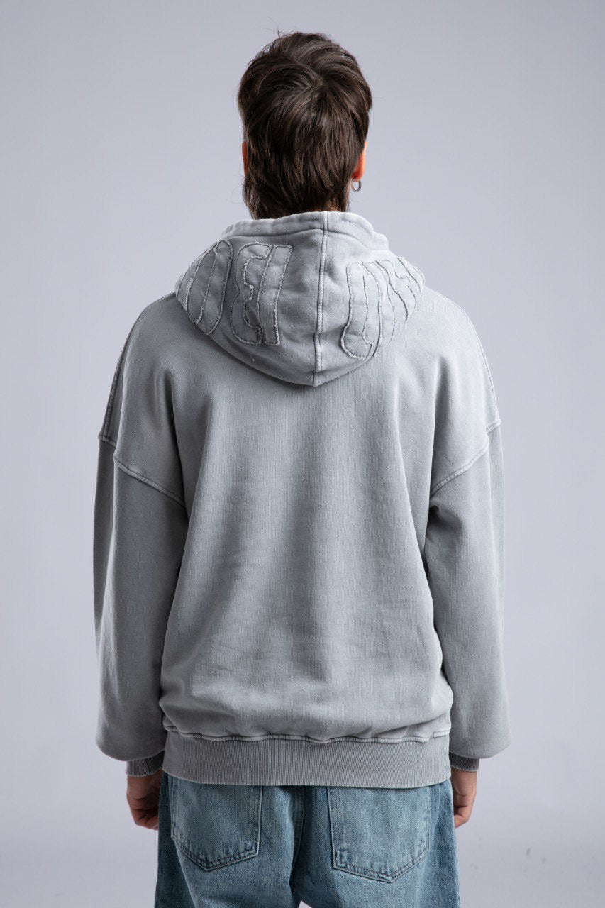 Oversized Distressed Hoodie with 'CATCH' Hood Graphic Withinblack