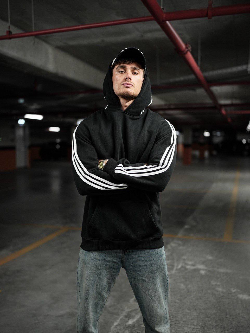 Oversized Hoodie with Striped Sleeve Details - Stylish and Comfortable Design Withinblack
